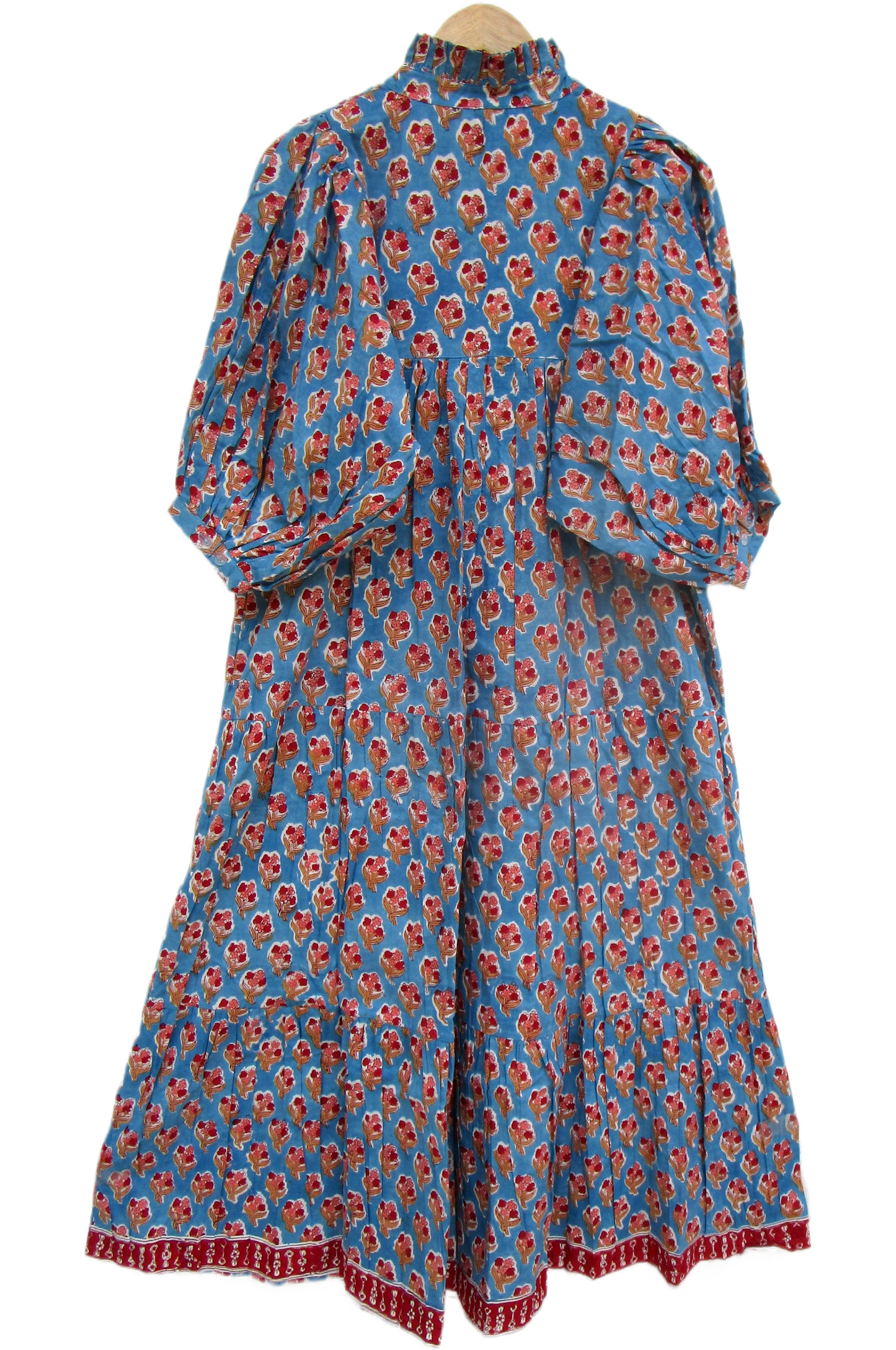 Sky Blue Red Floral Hand Block Print Cotton Maxi Dress – Boho Tiered Summer Style