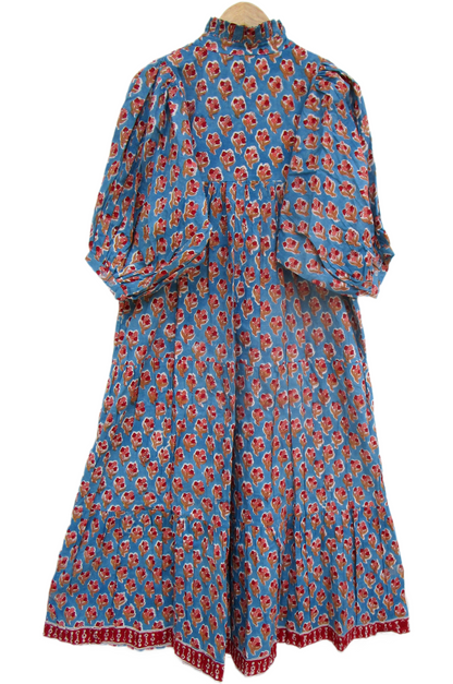 Sky Blue Red Floral Hand Block Print Cotton Maxi Dress – Boho Tiered Summer Style