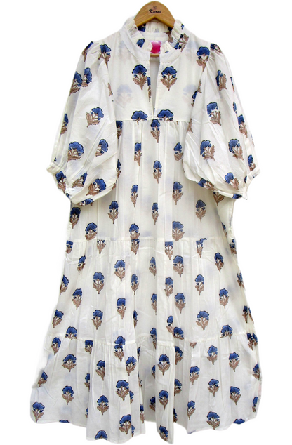 Cream Blue Floral Block Print Cotton Maxi Dress – Indian Boho Puff Sleeve Summer Dress