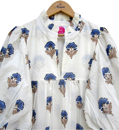 Cream Blue Floral Block Print Cotton Maxi Dress – Indian Boho Puff Sleeve Summer Dress