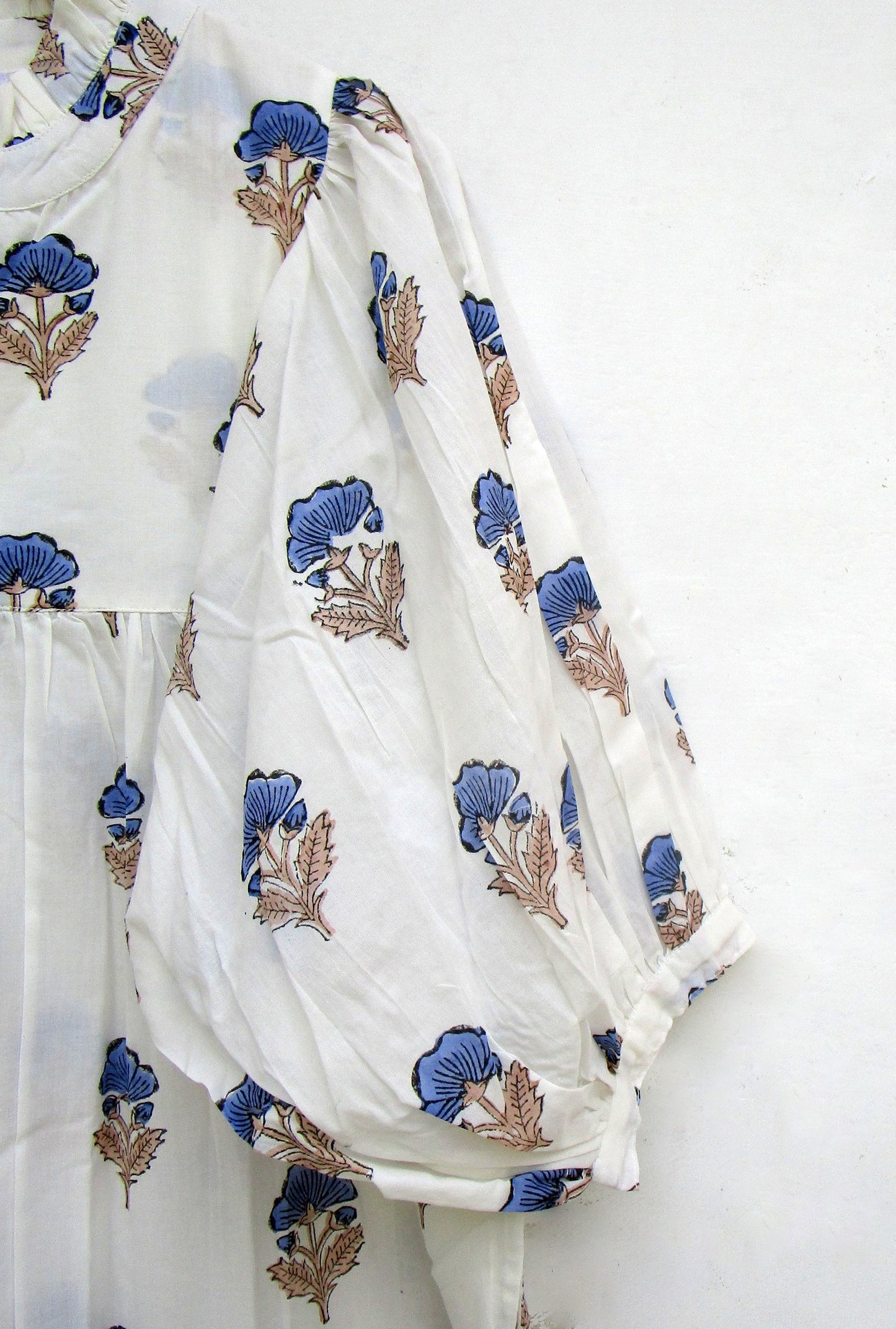 Cream Blue Floral Block Print Cotton Maxi Dress – Indian Boho Puff Sleeve Summer Dress