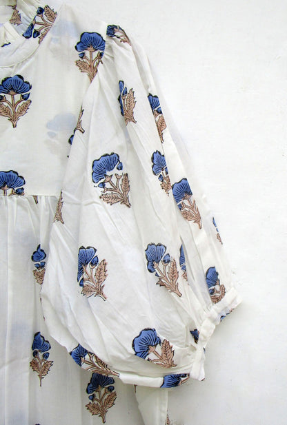 Cream Blue Floral Block Print Cotton Maxi Dress – Indian Boho Puff Sleeve Summer Dress