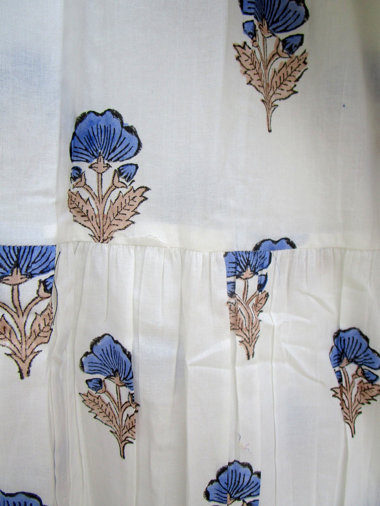 Cream Blue Floral Block Print Cotton Maxi Dress – Indian Boho Puff Sleeve Summer Dress