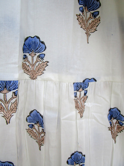 Cream Blue Floral Block Print Cotton Maxi Dress – Indian Boho Puff Sleeve Summer Dress