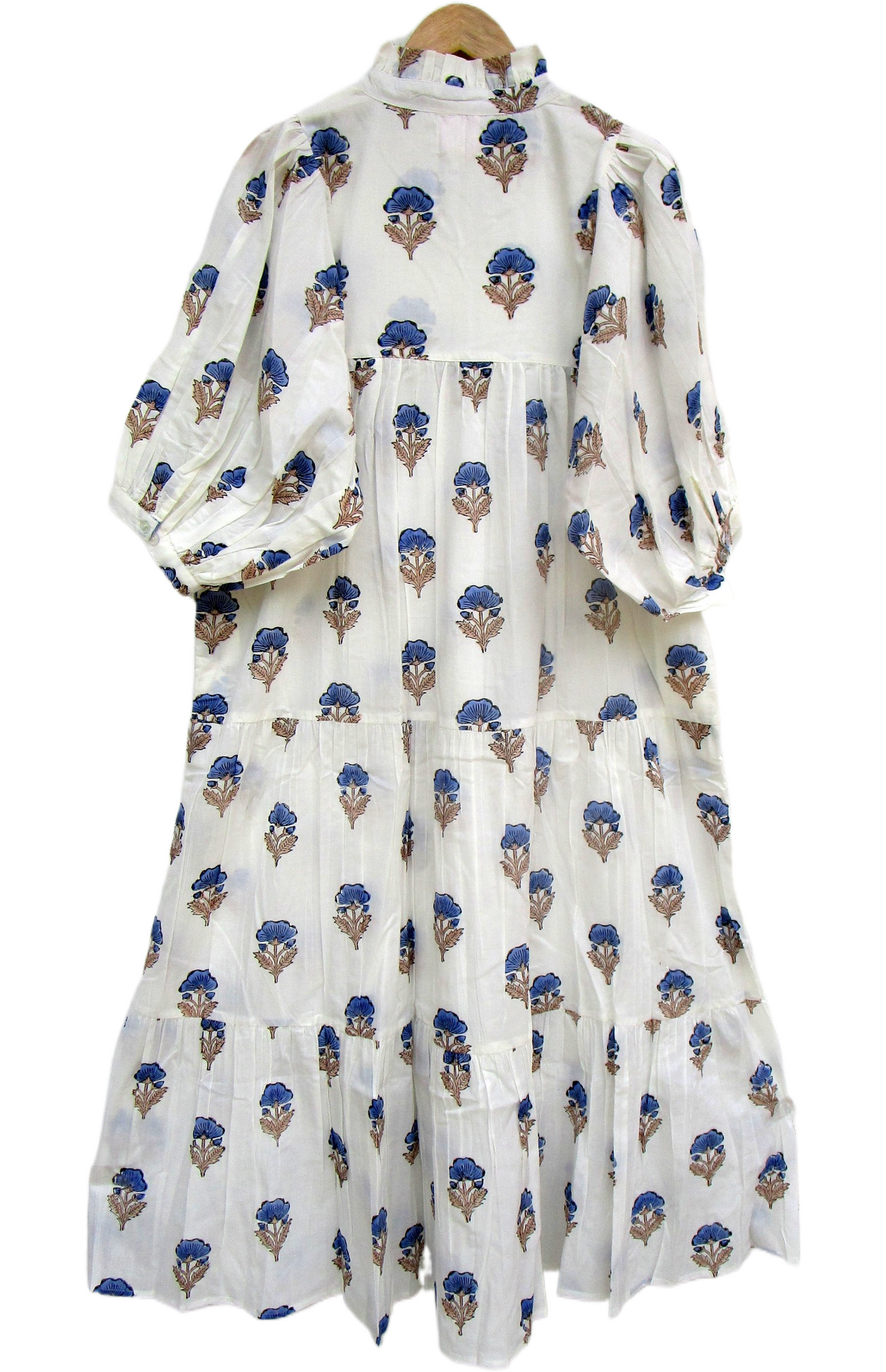 Cream Blue Floral Block Print Cotton Maxi Dress – Indian Boho Puff Sleeve Summer Dress