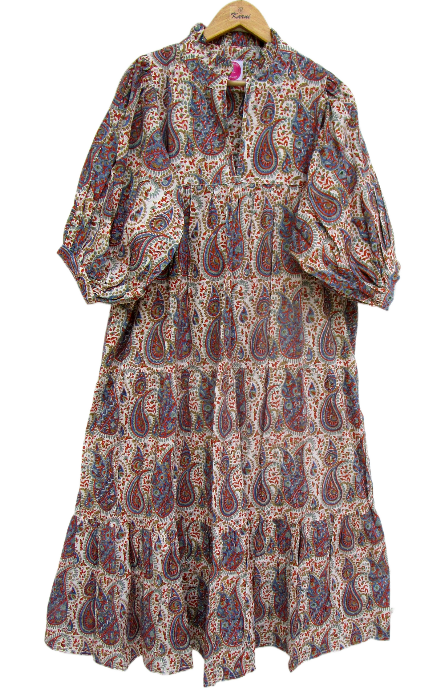 Paisley Block Print Cotton Maxi Dress – Bohemian Puff Sleeve Indian Summer Dress