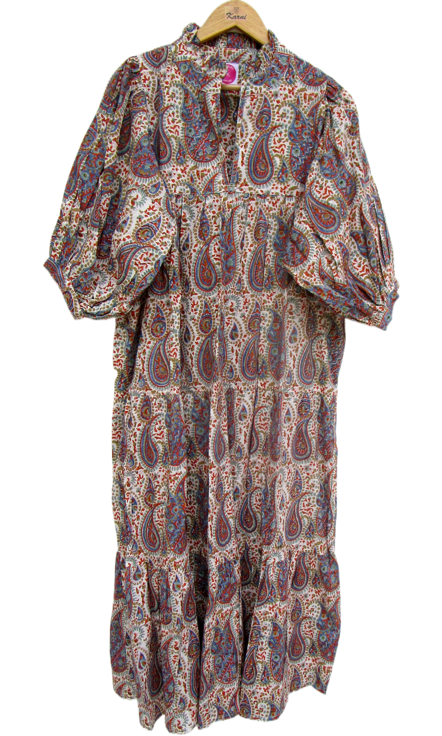 Paisley Block Print Cotton Maxi Dress – Bohemian Puff Sleeve Indian Summer Dress