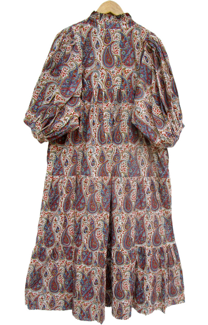 Paisley Block Print Cotton Maxi Dress – Bohemian Puff Sleeve Indian Summer Dress