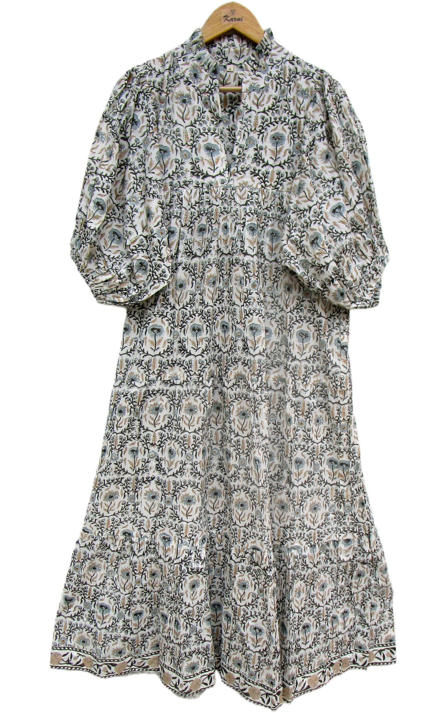 Cream Sage Green Floral Block Print Cotton Maxi Dress – Boho Tiered Summer Dress