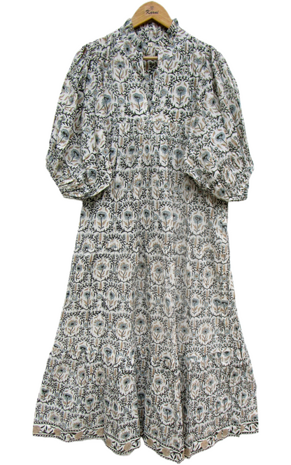 Cream Sage Green Floral Block Print Cotton Maxi Dress – Boho Tiered Summer Dress