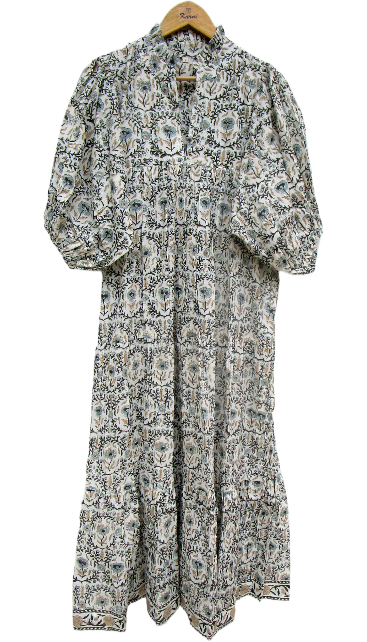 Cream Sage Green Floral Block Print Cotton Maxi Dress – Boho Tiered Summer Dress