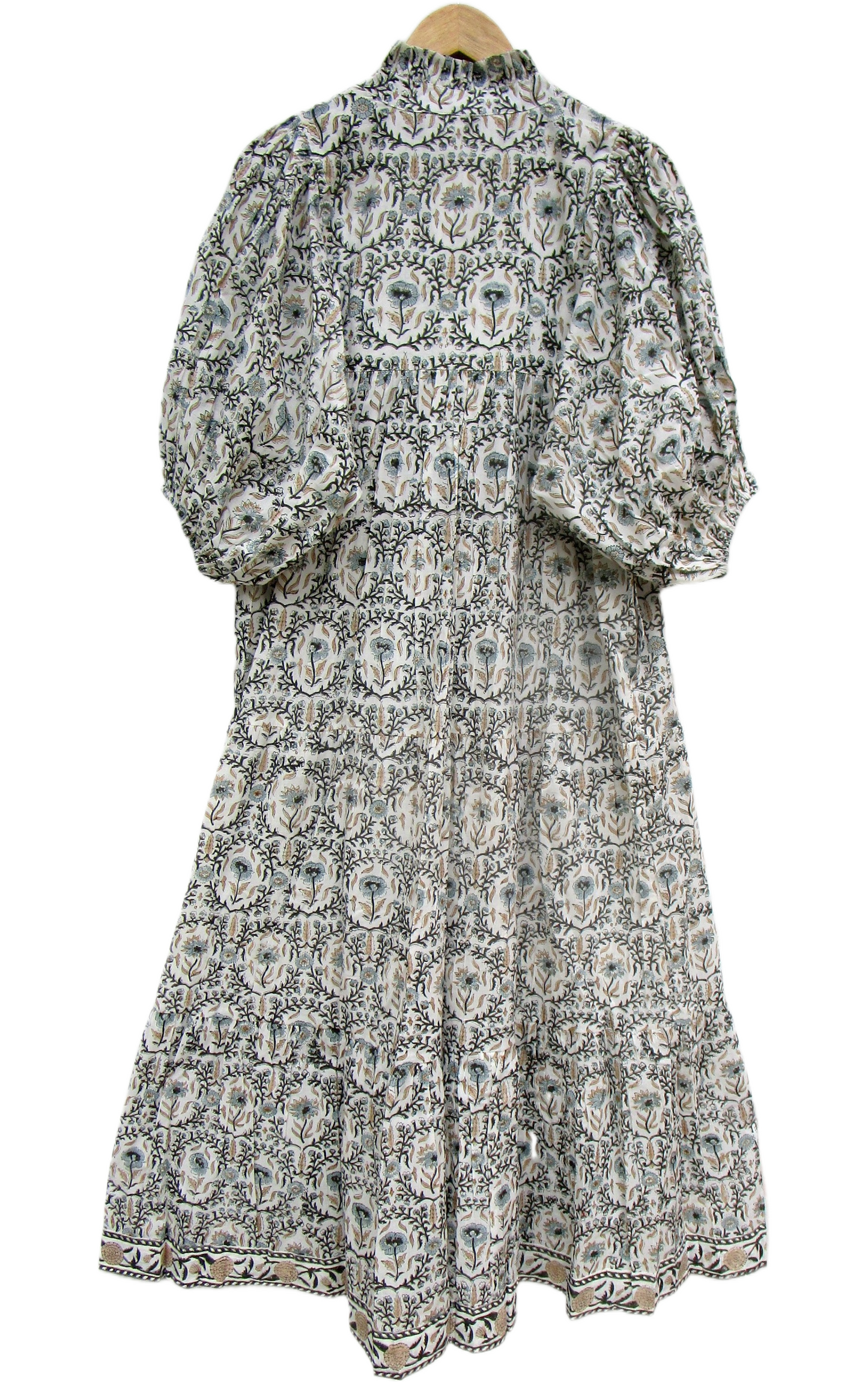 Cream Sage Green Floral Block Print Cotton Maxi Dress – Boho Tiered Summer Dress
