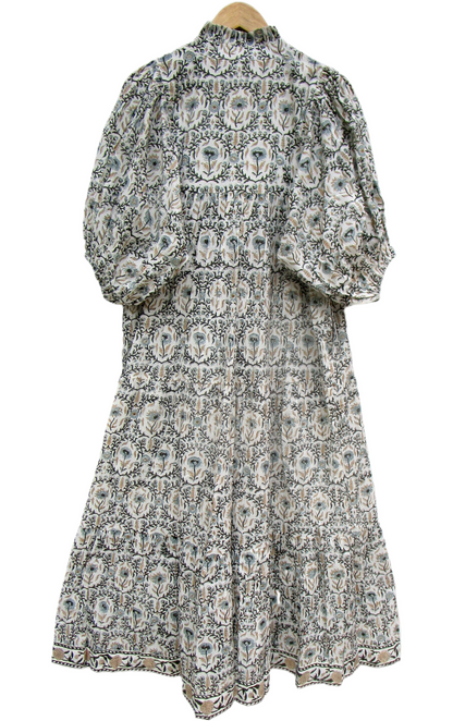 Cream Sage Green Floral Block Print Cotton Maxi Dress – Boho Tiered Summer Dress