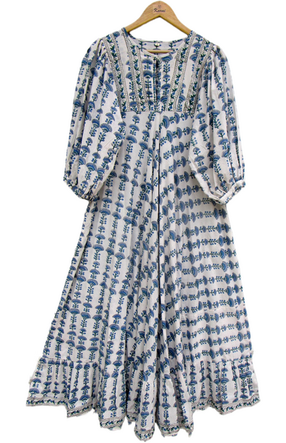 Blue Floral Block Print Cotton Maxi Dress – Indian Boho Puff Sleeve Summer Dress