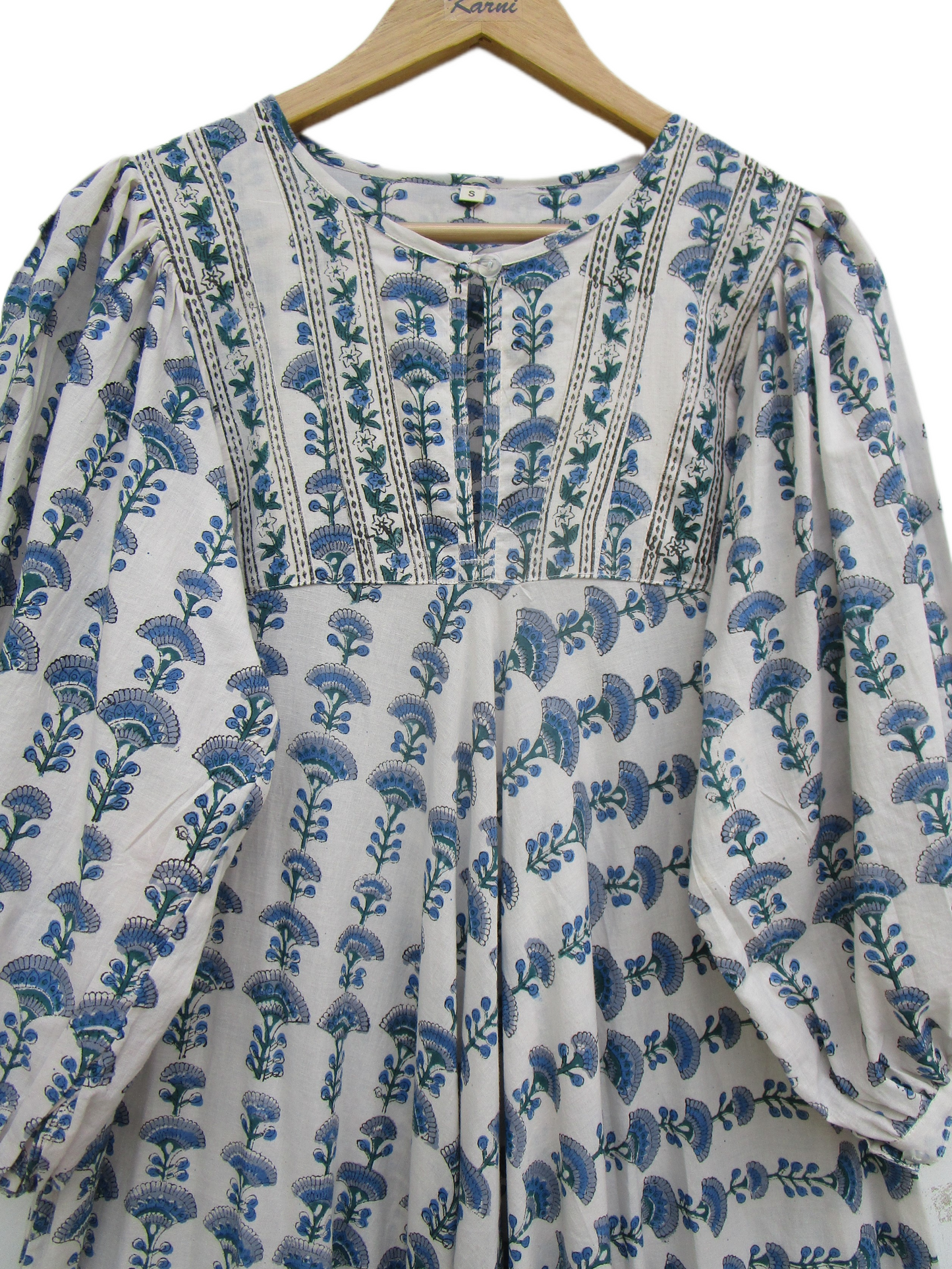 Blue Floral Block Print Cotton Maxi Dress – Indian Boho Puff Sleeve Summer Dress