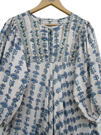 Blue Floral Block Print Cotton Maxi Dress – Indian Boho Puff Sleeve Summer Dress