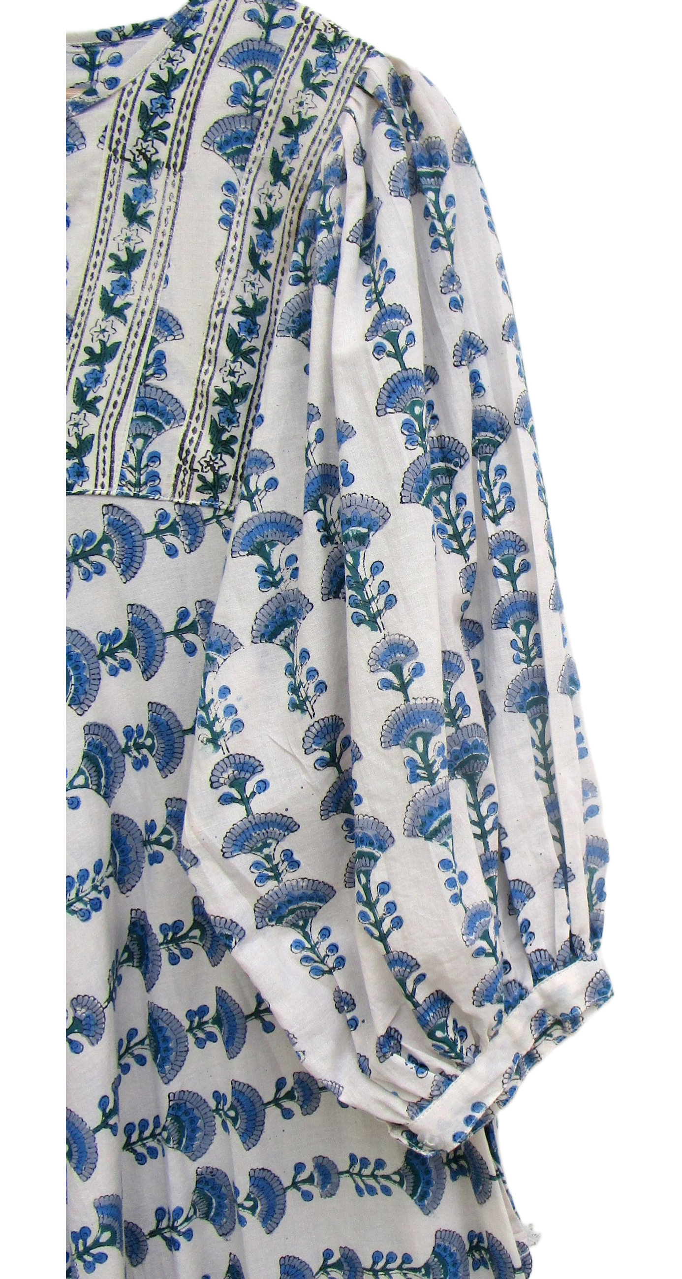 Blue Floral Block Print Cotton Maxi Dress – Indian Boho Puff Sleeve Summer Dress
