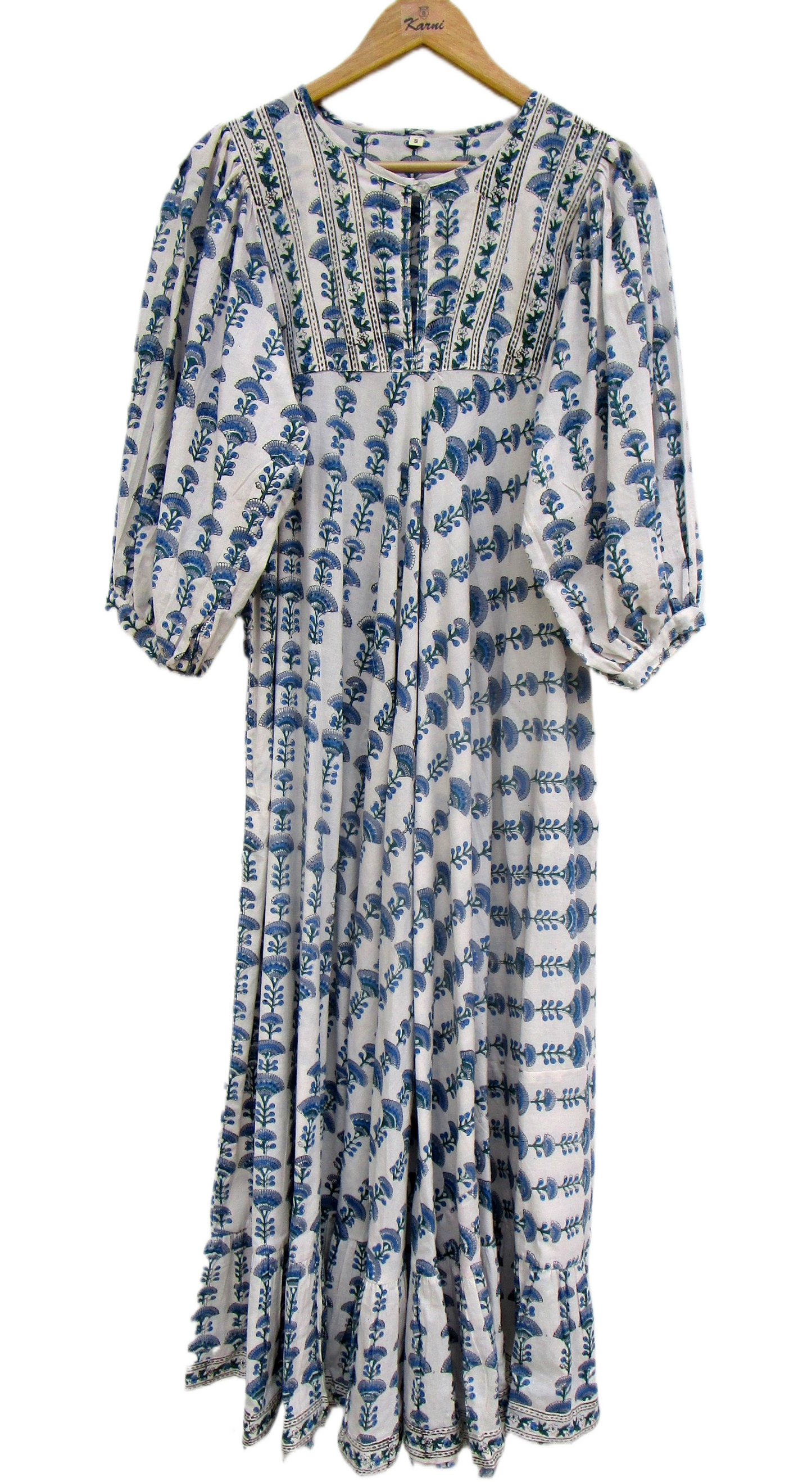 Blue Floral Block Print Cotton Maxi Dress – Indian Boho Puff Sleeve Summer Dress