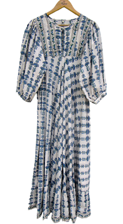 Blue Floral Block Print Cotton Maxi Dress – Indian Boho Puff Sleeve Summer Dress