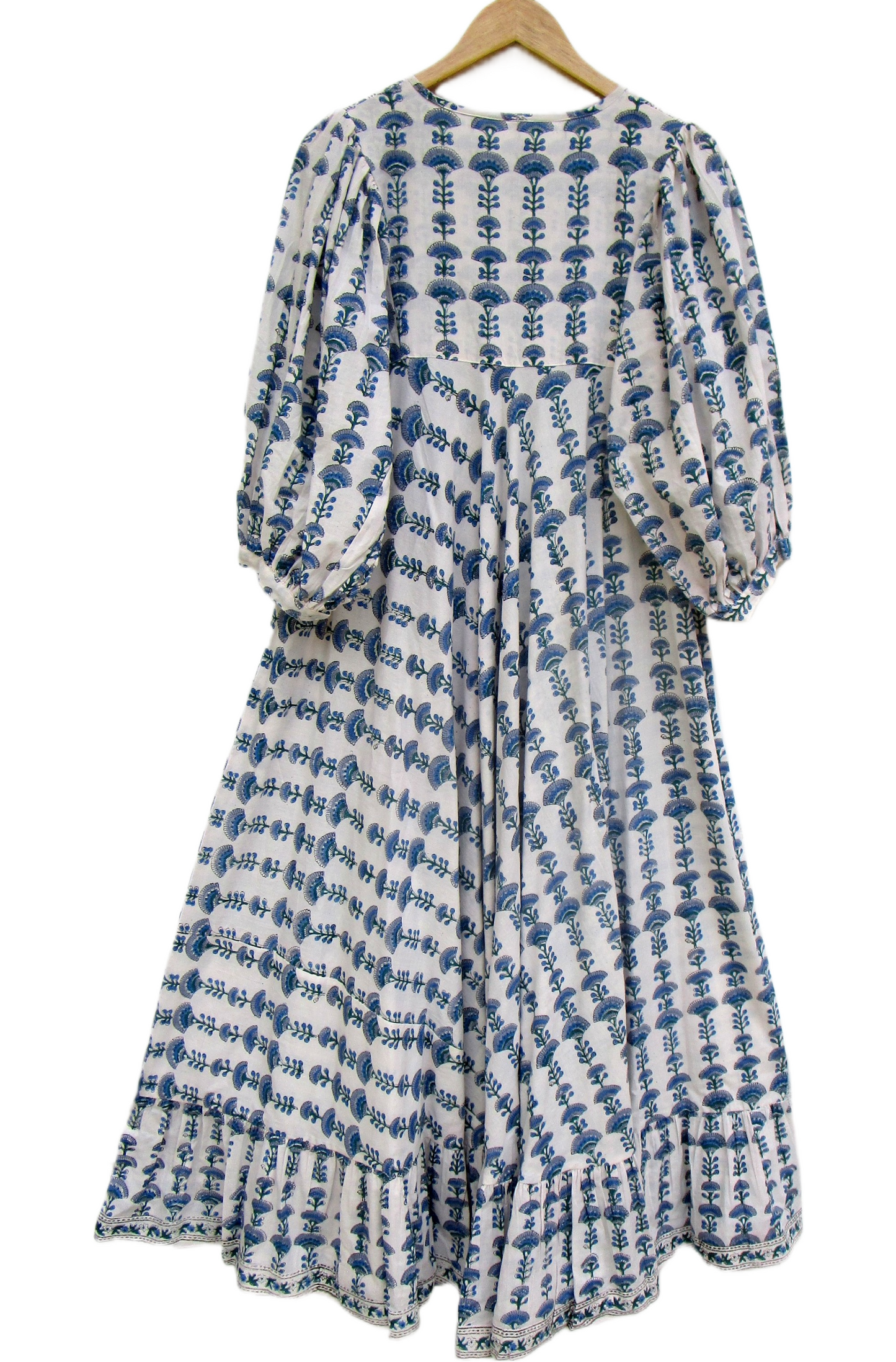Blue Floral Block Print Cotton Maxi Dress – Indian Boho Puff Sleeve Summer Dress