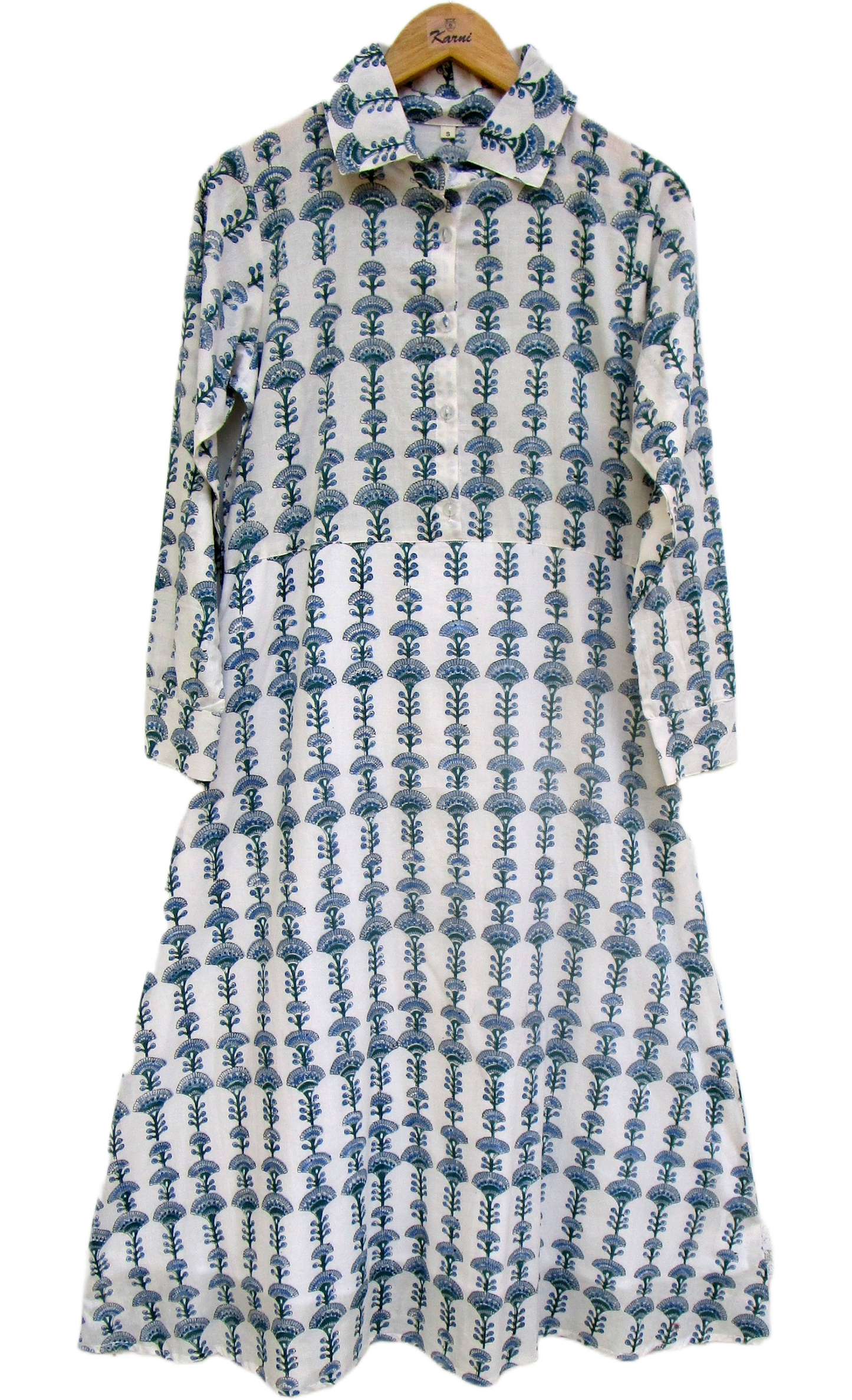 Cream Blue Floral Hand Block Print Cotton Maxi Dress – Boho Tiered Summer Style