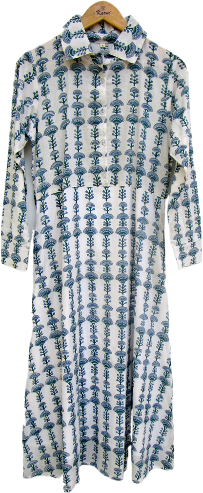 Cream Blue Floral Hand Block Print Cotton Maxi Dress – Boho Tiered Summer Style