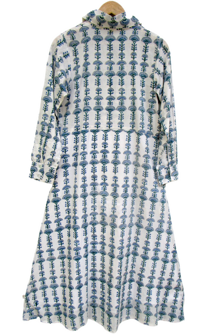 Cream Blue Floral Hand Block Print Cotton Maxi Dress – Boho Tiered Summer Style