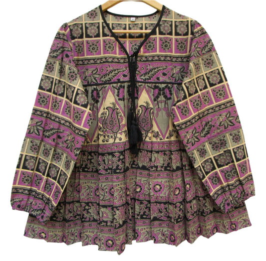 purple womens blouse with black and beige detailing