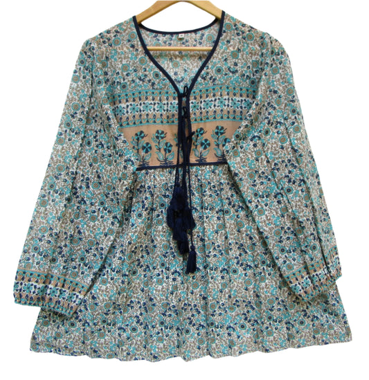 blue floral screen printed blouse for women