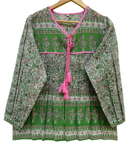 green and pink screen printed womens blouse with pink tassels