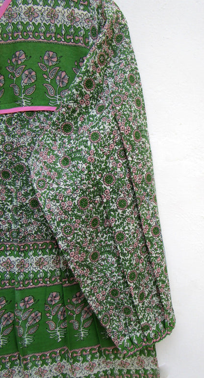 green and pink screen printed womens blouse with pink tassels