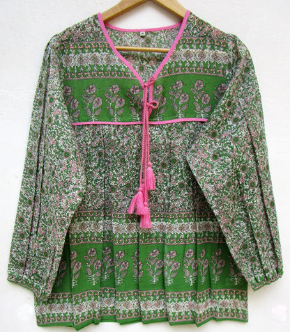 green and pink screen printed womens blouse with pink tassels
