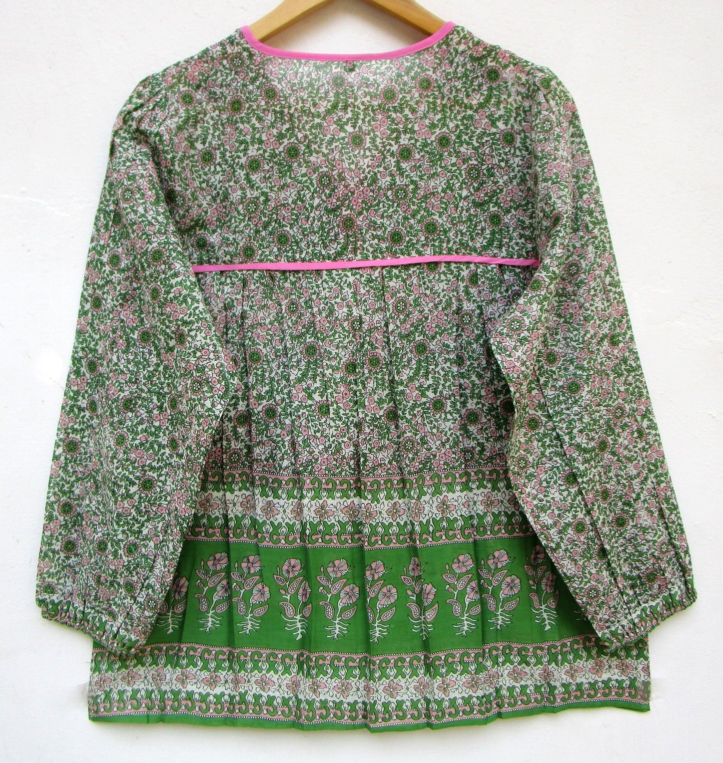 green and pink screen printed womens blouse with pink tassels