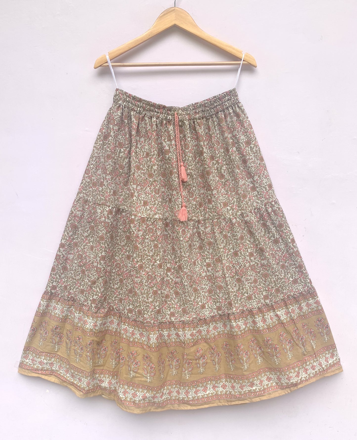 Beige Floral Screen Printed Cotton Maxi Skirt – Elastic Waist Boho Indian Tiered Skirt