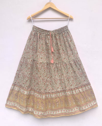 Beige Floral Screen Printed Cotton Maxi Skirt – Elastic Waist Boho Indian Tiered Skirt