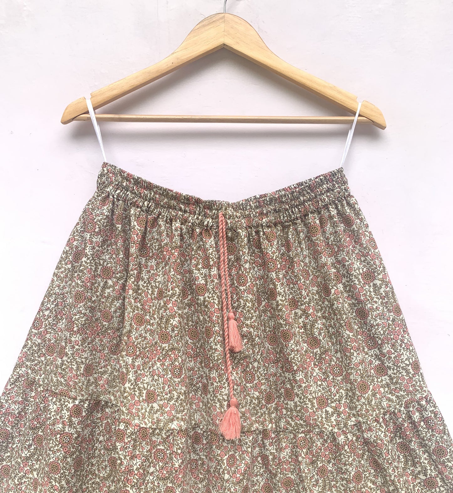 Beige Floral Screen Printed Cotton Maxi Skirt – Elastic Waist Boho Indian Tiered Skirt