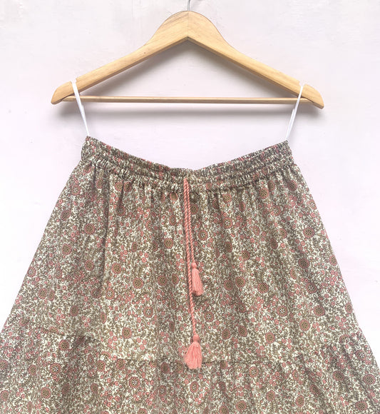 Beige Floral Screen Printed Cotton Maxi Skirt – Elastic Waist Boho Indian Tiered Skirt