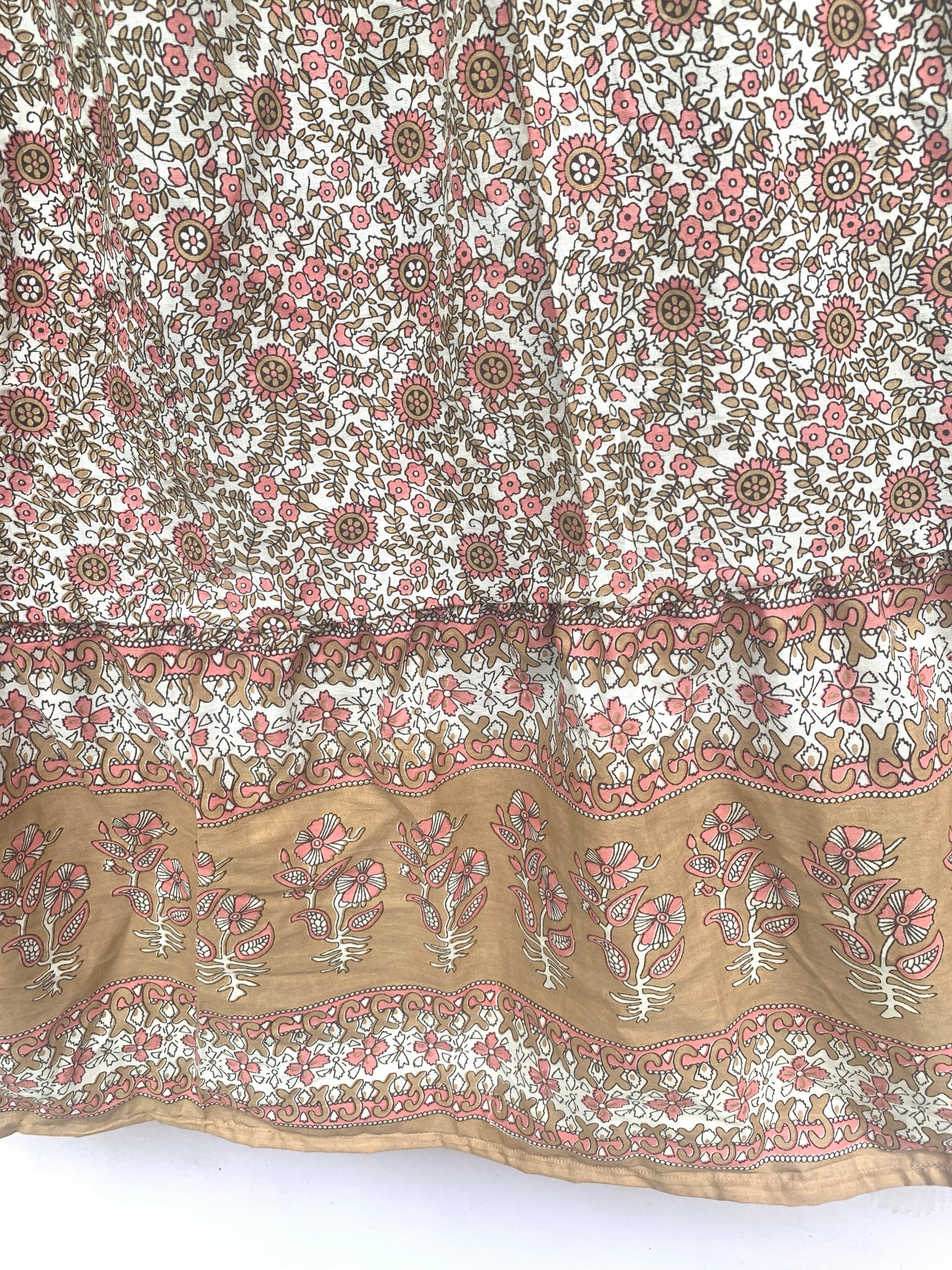 Beige Floral Screen Printed Cotton Maxi Skirt – Elastic Waist Boho Indian Tiered Skirt