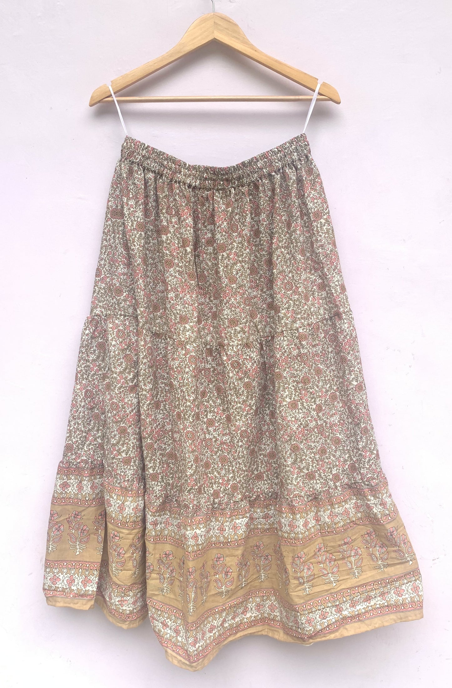 Beige Floral Screen Printed Cotton Maxi Skirt – Elastic Waist Boho Indian Tiered Skirt