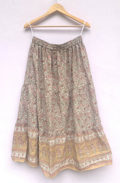 Beige Floral Screen Printed Cotton Maxi Skirt – Elastic Waist Boho Indian Tiered Skirt
