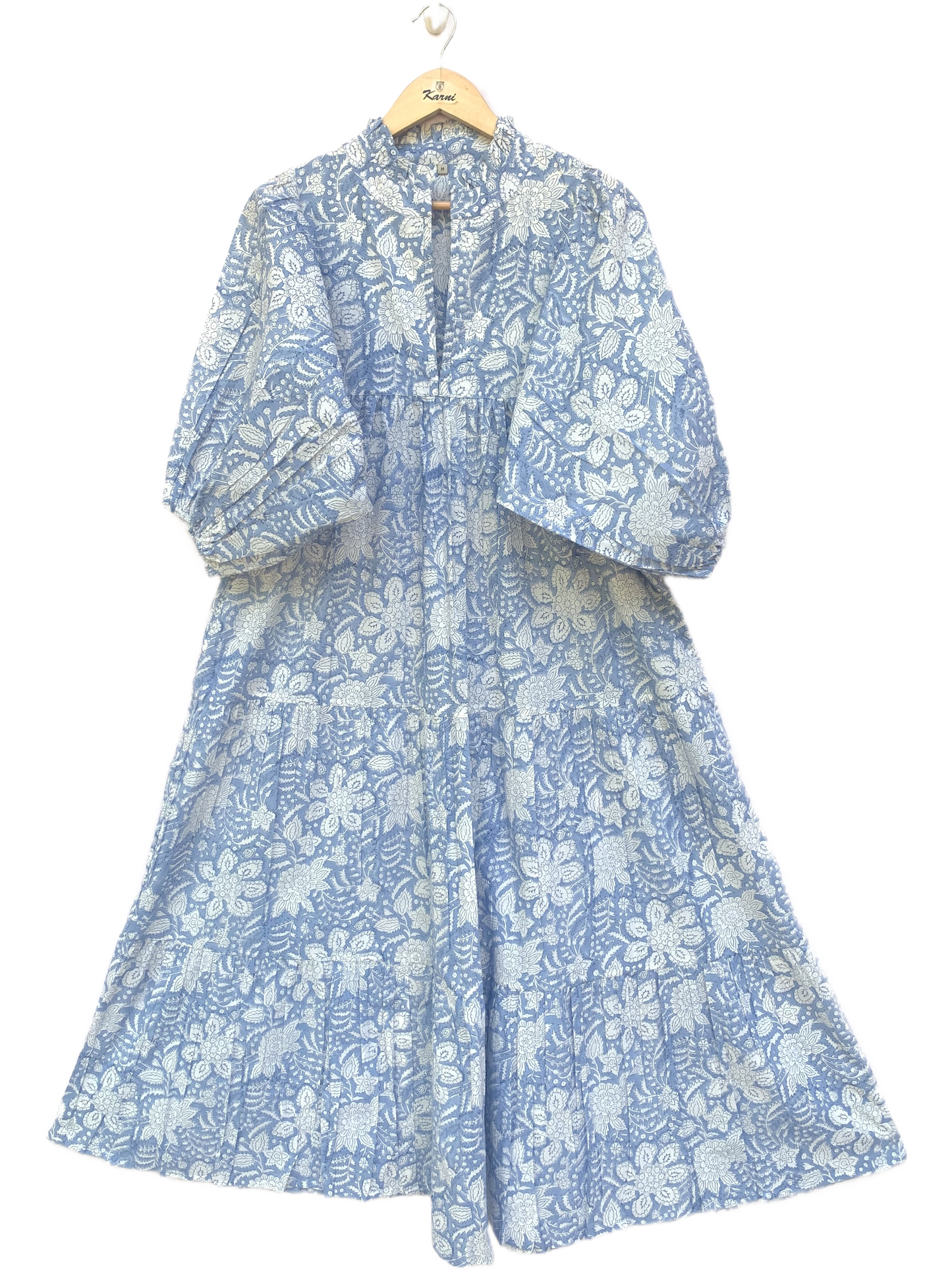 Light Blue Floral Block Print Cotton Midi Dress – Boho Indian Handmade Tiered Dress with Puffy Sleeves