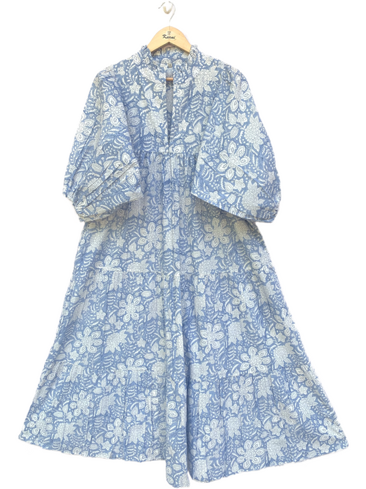 Light Blue Floral Block Print Cotton Midi Dress – Boho Indian Handmade Tiered Dress with Puffy Sleeves