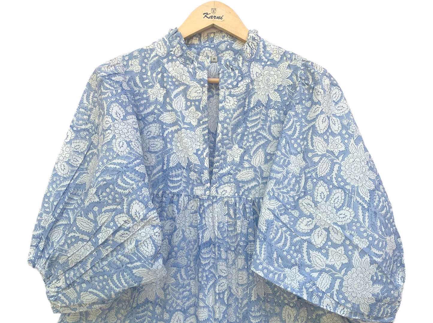 Light Blue Floral Block Print Cotton Midi Dress – Boho Indian Handmade Tiered Dress with Puffy Sleeves