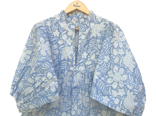 Light Blue Floral Block Print Cotton Midi Dress – Boho Indian Handmade Tiered Dress with Puffy Sleeves