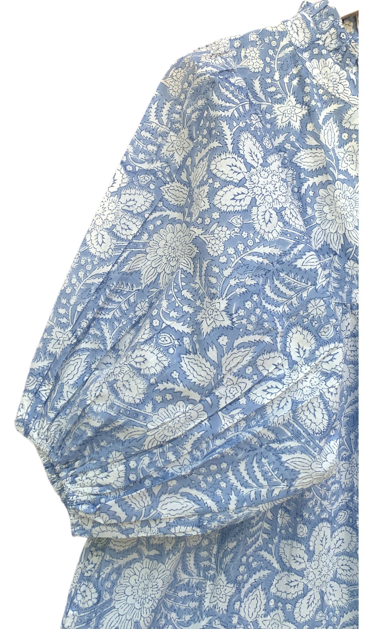Light Blue Floral Block Print Cotton Midi Dress – Boho Indian Handmade Tiered Dress with Puffy Sleeves