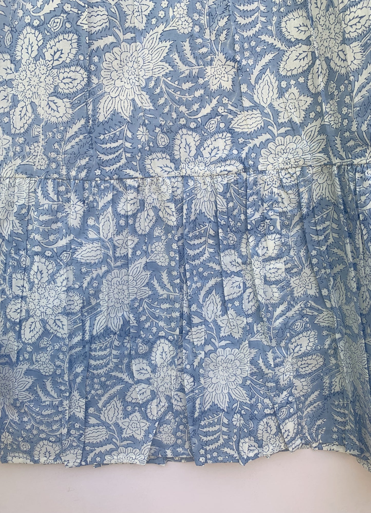 Light Blue Floral Block Print Cotton Midi Dress – Boho Indian Handmade Tiered Dress with Puffy Sleeves