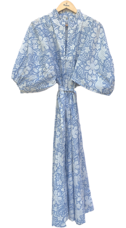 Light Blue Floral Block Print Cotton Midi Dress – Boho Indian Handmade Tiered Dress with Puffy Sleeves