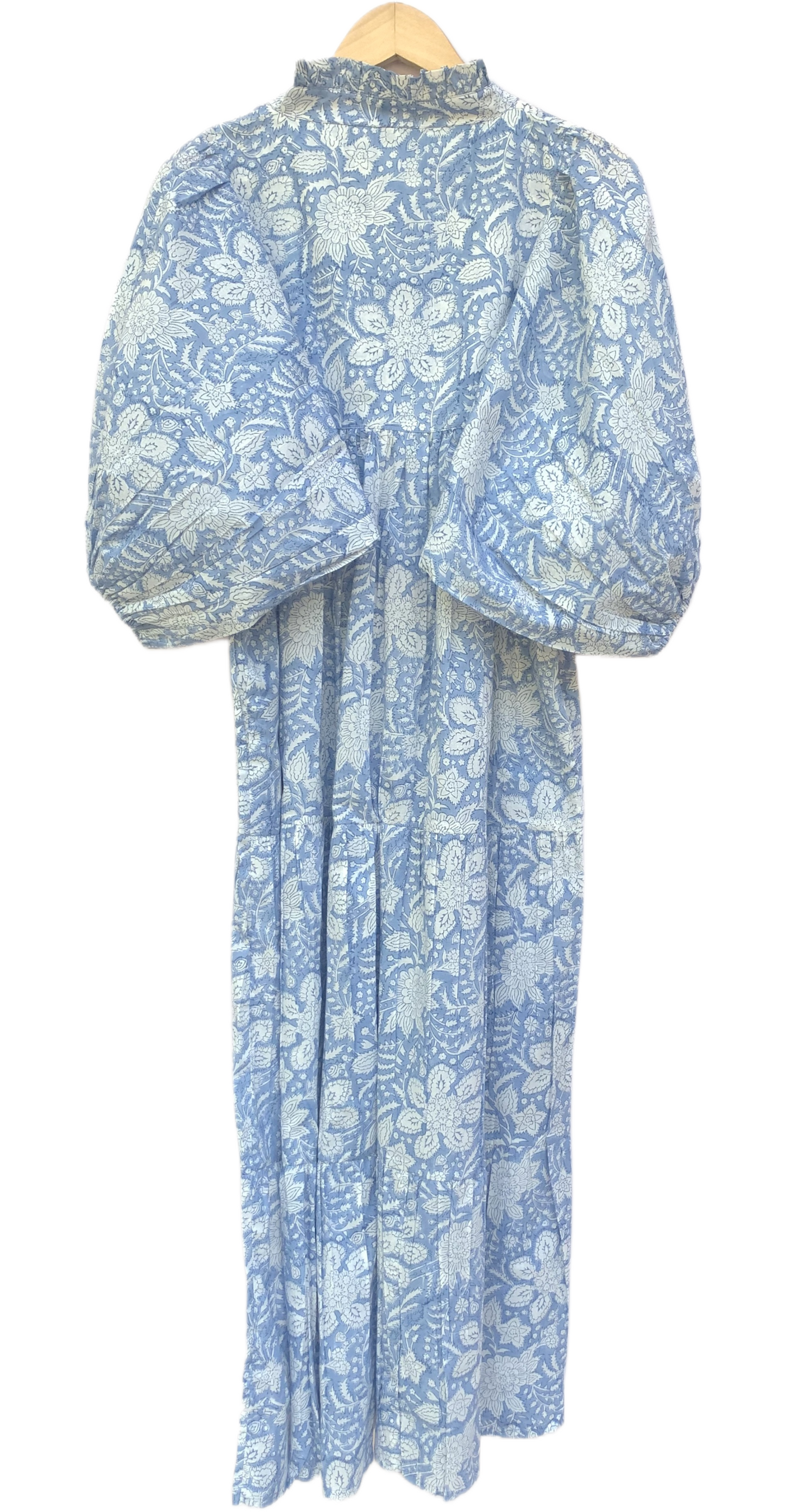 Light Blue Floral Block Print Cotton Midi Dress – Boho Indian Handmade Tiered Dress with Puffy Sleeves