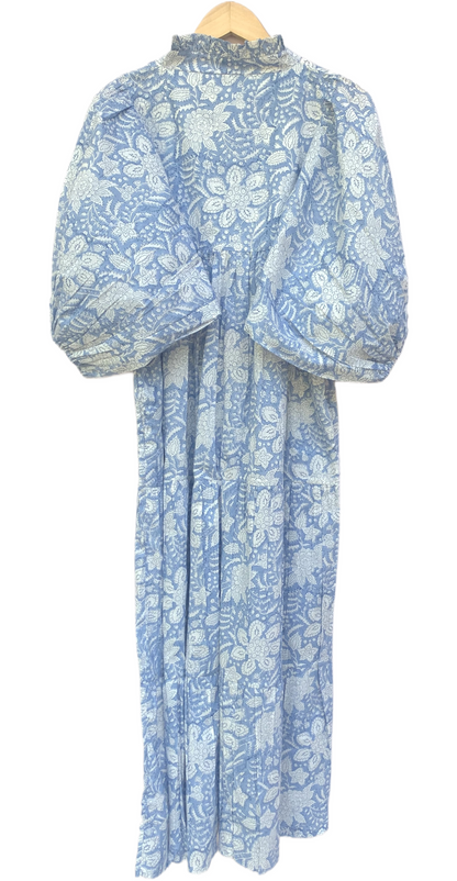 Light Blue Floral Block Print Cotton Midi Dress – Boho Indian Handmade Tiered Dress with Puffy Sleeves