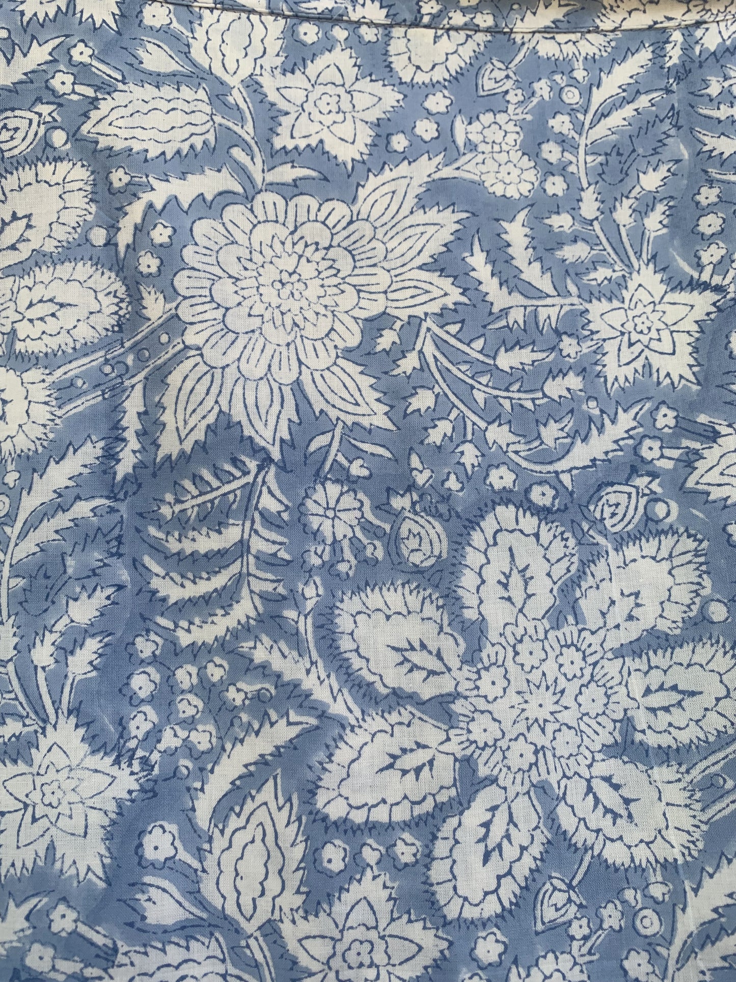 Light Blue Floral Block Print Cotton Midi Dress – Boho Indian Handmade Tiered Dress with Puffy Sleeves